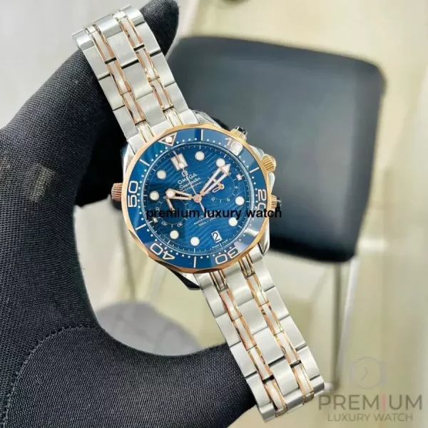3 omega diver 300m coaxial master chronometer chronograph 44mm blue dial rose gold steel mens watch
