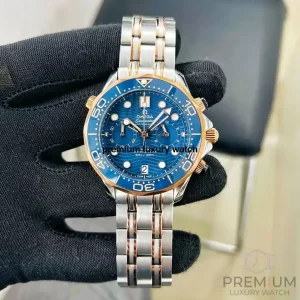4 omega diver 300m coaxial master chronometer chronograph 44mm blue dial rose gold steel mens watch