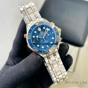 5 omega diver 300m coaxial master chronometer chronograph 44mm blue dial rose gold steel mens watch