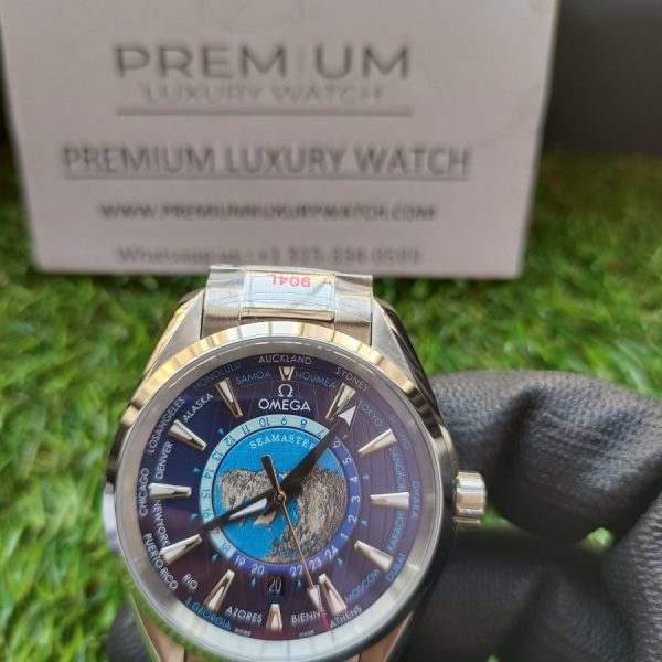 8 omega seamaster aquaterra 150m master chronometer gmt worldtimer 43mm blue dial steel mens wrist watch