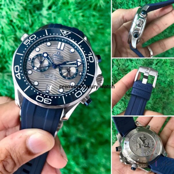 7 omega seamaster diver 300m chronograph masterchronometer 42mm grey chronograph blue rubber strap for mens watch