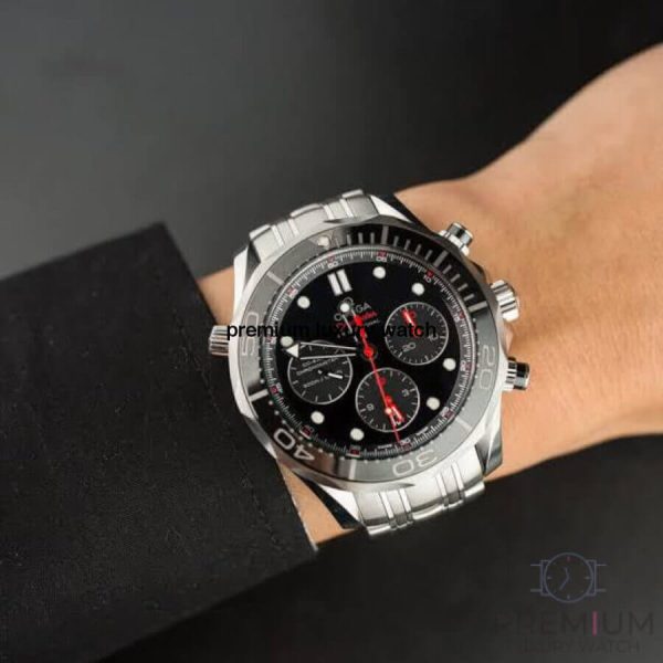 5 omega seamaster diver chronometer chronograph 44mm stainless steel ceramic bezel black dial steel bracelet