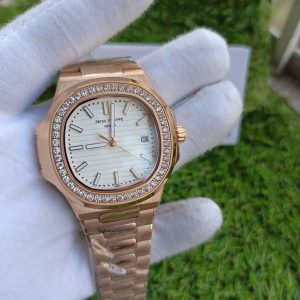 patek philippe nautilus white dial diamond rose gold automatic mens watch