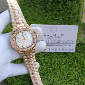 1-Patek Philippe Nautilus White Dial Diamond Rose Gold Automatic Mens Watch