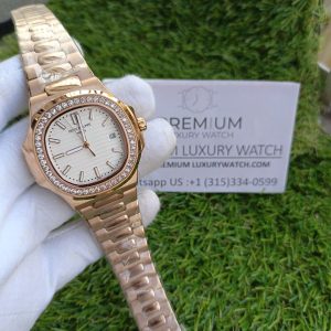 2-Patek Philippe Nautilus White Dial Diamond Rose Gold Automatic Mens Watch