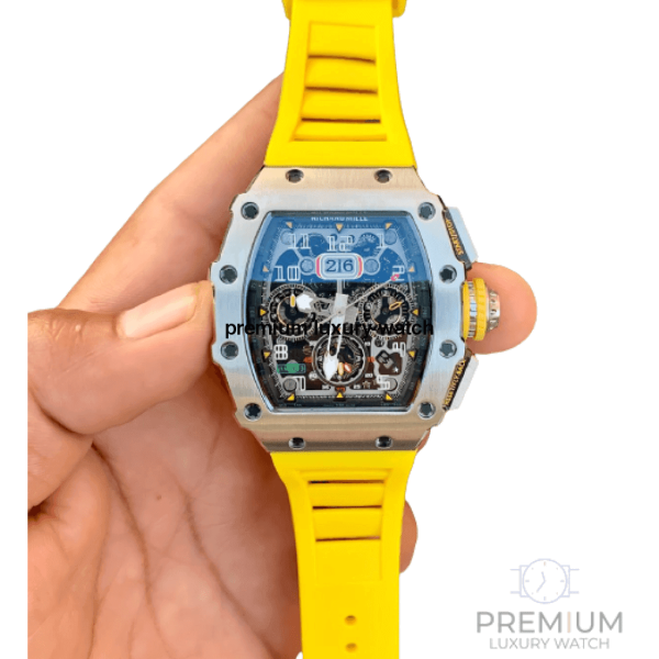 richard mille rm01103 men automatic transparent dial stainless steel rubber yellow band mens watch