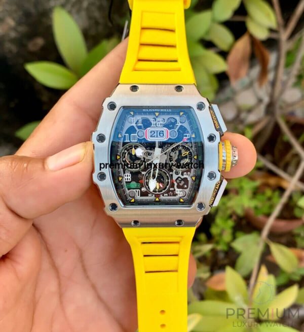 1 richard mille rm01103 men automatic transparent dial stainless steel rubber yellow band mens watch