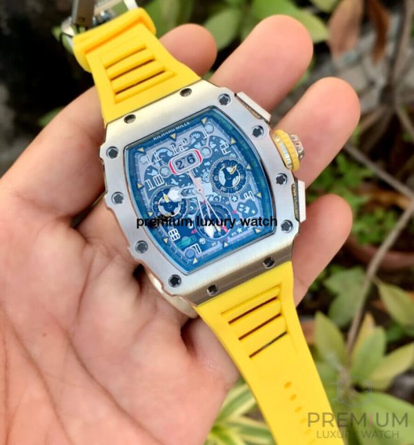 3 richard mille rm01103 men automatic transparent dial stainless steel rubber yellow band mens watch