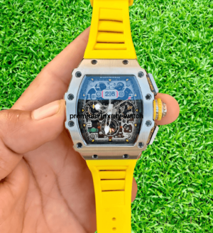 4 richard mille rm01103 men automatic transparent dial stainless steel rubber yellow band mens watch