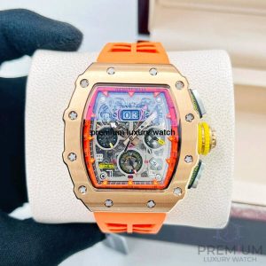 1-Richard Mille Rm1103 Men Automatic Rose Gold Transparent Dial Stainless Steel Rubber Orange Band Mens Watch