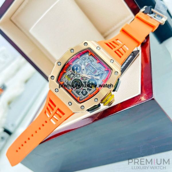 2 richard mille rm1103 men automatic rose gold transparent dial stainless steel rubber orange band mens watch