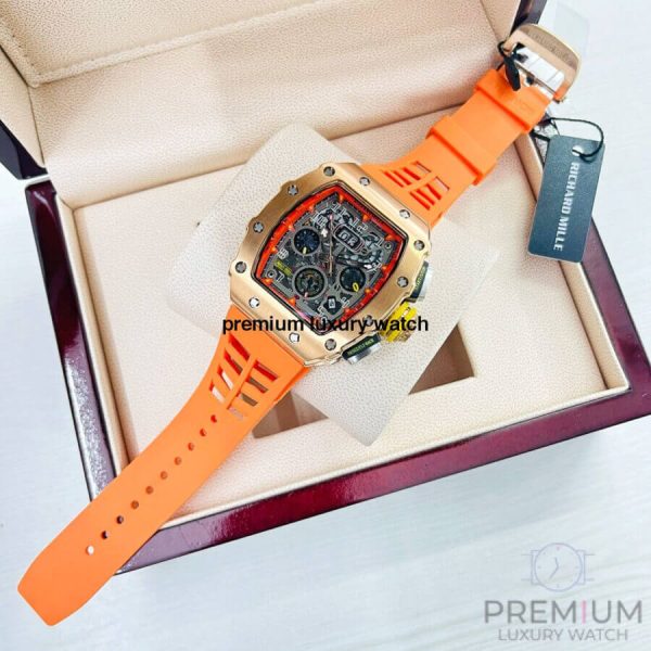 3 richard mille rm1103 men automatic rose gold transparent dial stainless steel rubber orange band mens watch