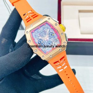 4 richard mille rm1103 men automatic rose gold transparent dial stainless steel rubber orange band mens watch