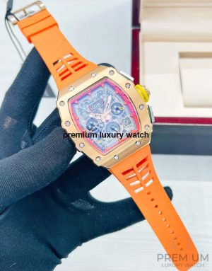 4-Richard Mille Rm1103 Men Automatic Rose Gold Transparent Dial Stainless Steel Rubber Orange Band Mens Watch