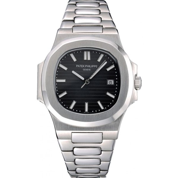 patek philippe nautilus black dial steel watch