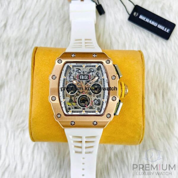 1 richard mille rm1103 men automatic rose gold transparent dial stainless steel rubber white band mens watch
