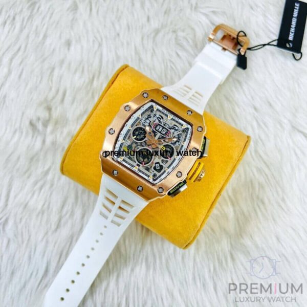 3 richard mille rm1103 men automatic rose gold transparent dial stainless steel rubber white band mens watch