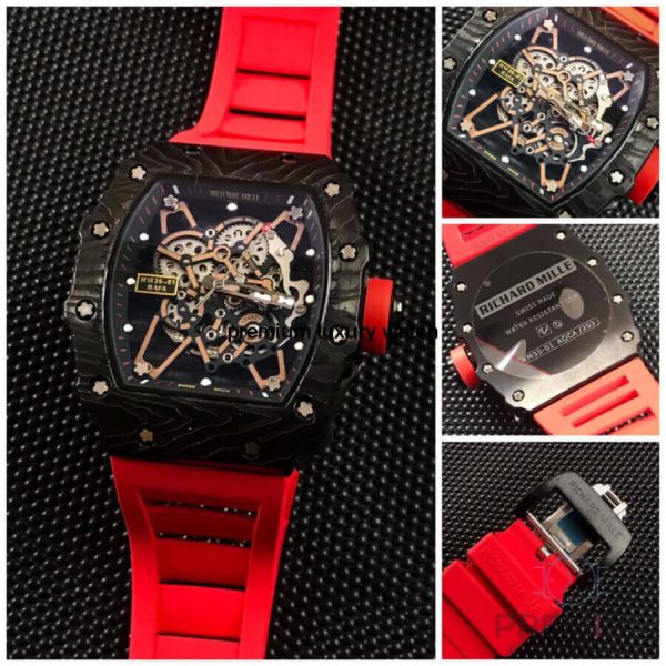 2 richard mille rm35 01 men balck dial stainless steel rubber red band mens watch