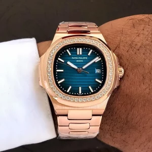 Patek Philippe Nautilus Blue Dial Diamond Rose Gold Automatic Mens Watch
