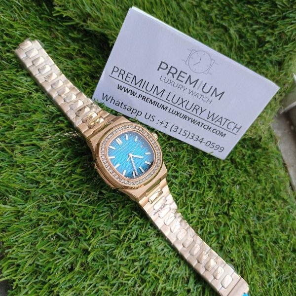 6 patek philippe nautilus blue dial diamond rose gold automatic mens watch