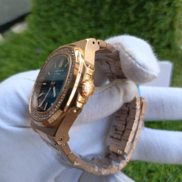 3 patek philippe nautilus blue dial diamond rose gold automatic mens watch 1