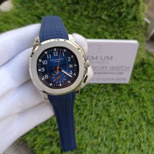 patek phillipe aquanaut silver case blue strap mens wrist watch
