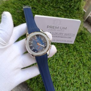 1 patek phillipe aquanaut silver case blue strap mens wrist watch