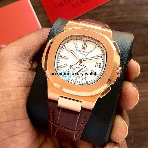 patek philippe nautilus white dial rose gold leather strap mens wrist watch 5980r001