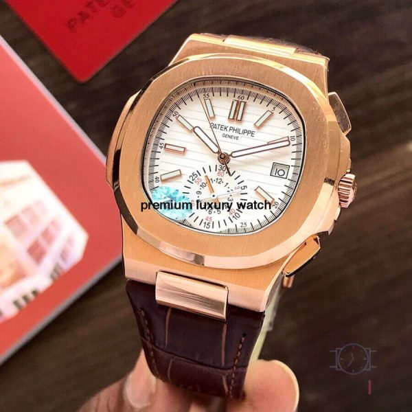 1 patek philippe nautilus white dial rose gold leather strap mens wrist watch 5980r001