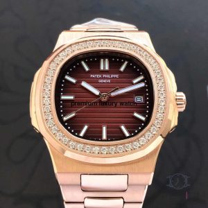 Patek Philippe Nautilus Brawn Dial Diamond Rose Gold Automatic Mens Watch 57111R001
