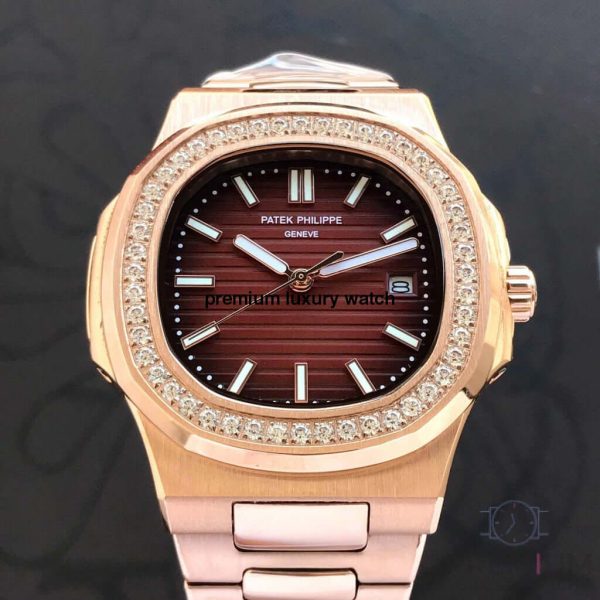 patek philippe nautilus brawn dial diamond rose gold automatic mens watch 57111r001