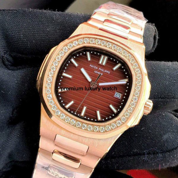 1 patek philippe nautilus brawn dial diamond rose gold automatic mens watch 57111r001