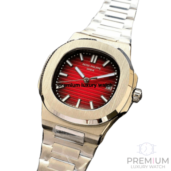 patek philippe nautilus red dial stainless steel automatic mens watch 57111r001