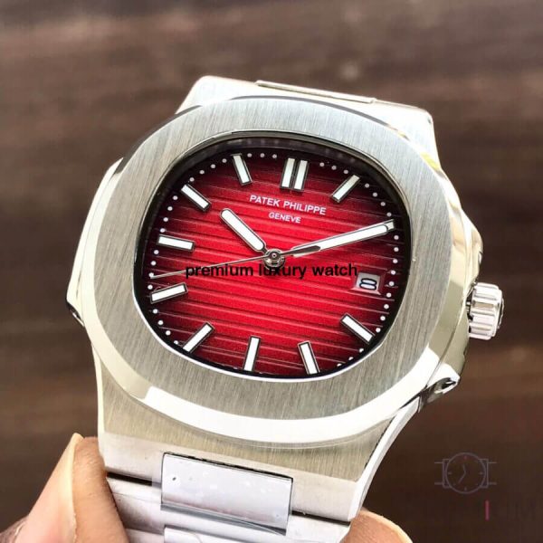 1 patek philippe nautilus red dial stainless steel automatic mens watch 57111r001