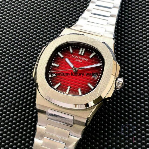 2 patek philippe nautilus red dial stainless steel automatic mens watch 57111r001