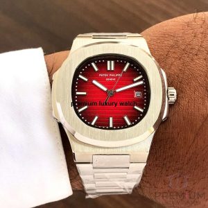 3 patek philippe nautilus red dial stainless steel automatic mens watch 57111r001