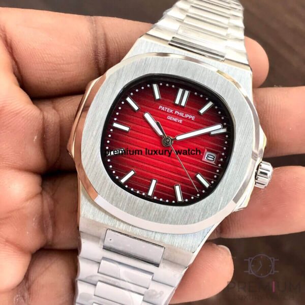 4 patek philippe nautilus red dial stainless steel automatic mens watch 57111r001