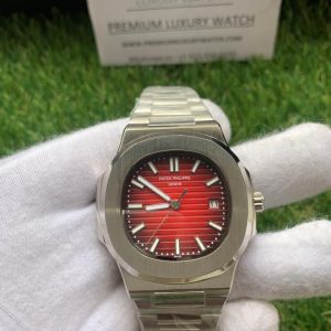 6 patek philippe nautilus red dial stainless steel automatic mens watch 57111r001