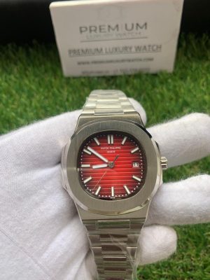 6 patek philippe nautilus red dial stainless steel automatic mens watch 57111r001