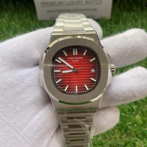 7 patek philippe nautilus red dial stainless steel automatic mens watch 57111r001