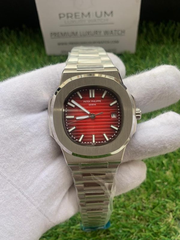 7 patek philippe nautilus red dial stainless steel automatic mens watch 57111r001