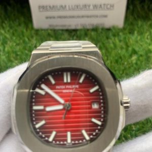 12 patek philippe nautilus red dial stainless steel automatic mens watch 57111r001