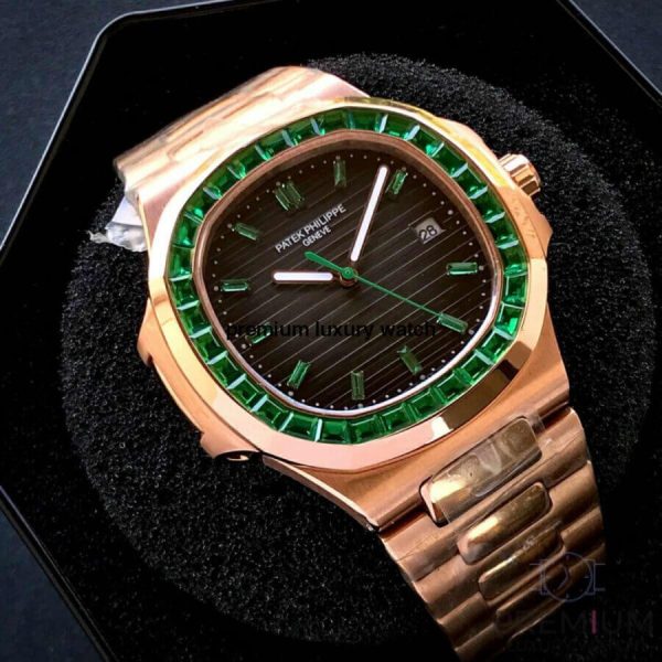 1 patek philippe nautilus 5711 green emerald bezel 405mm rose gold mens watch