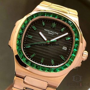2 patek philippe nautilus 5711 green emerald bezel 405mm rose gold mens watch