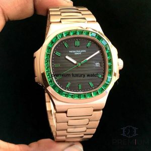 3 patek philippe nautilus 5711 green emerald bezel 405mm rose gold mens watch