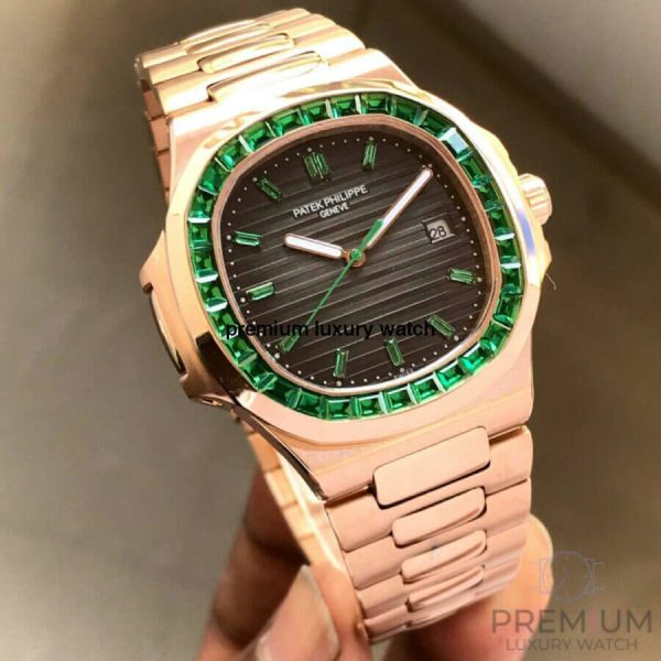 4 patek philippe nautilus 5711 green emerald bezel 405mm rose gold mens watch