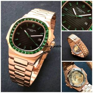 5 patek philippe nautilus 5711 green emerald bezel 405mm rose gold mens watch