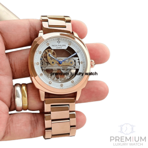 patek philippe golden mechanical 25cm mens steampunk skeleton automatic gear self wind stainless steel rose gold band