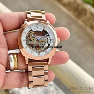 3 patek philippe golden mechanical watch mens steampunk skeleton automatic gear self wind stainless steel rose gold band