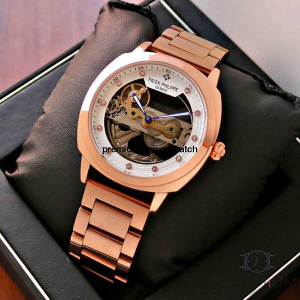 10 patek philippe golden mechanical watch mens steampunk skeleton automatic gear self wind stainless steel rose gold band